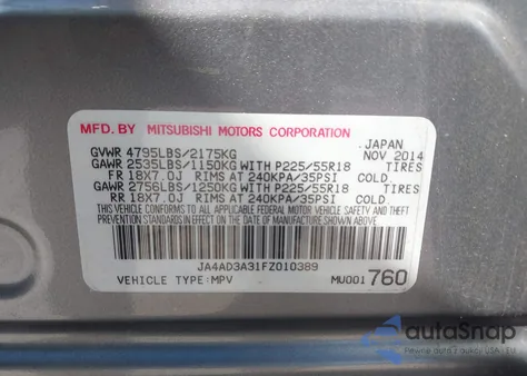 2015 Mitsubishi Outlander Se z USA, uszkodzony, nr VIN JA4AD3A31FZ010389